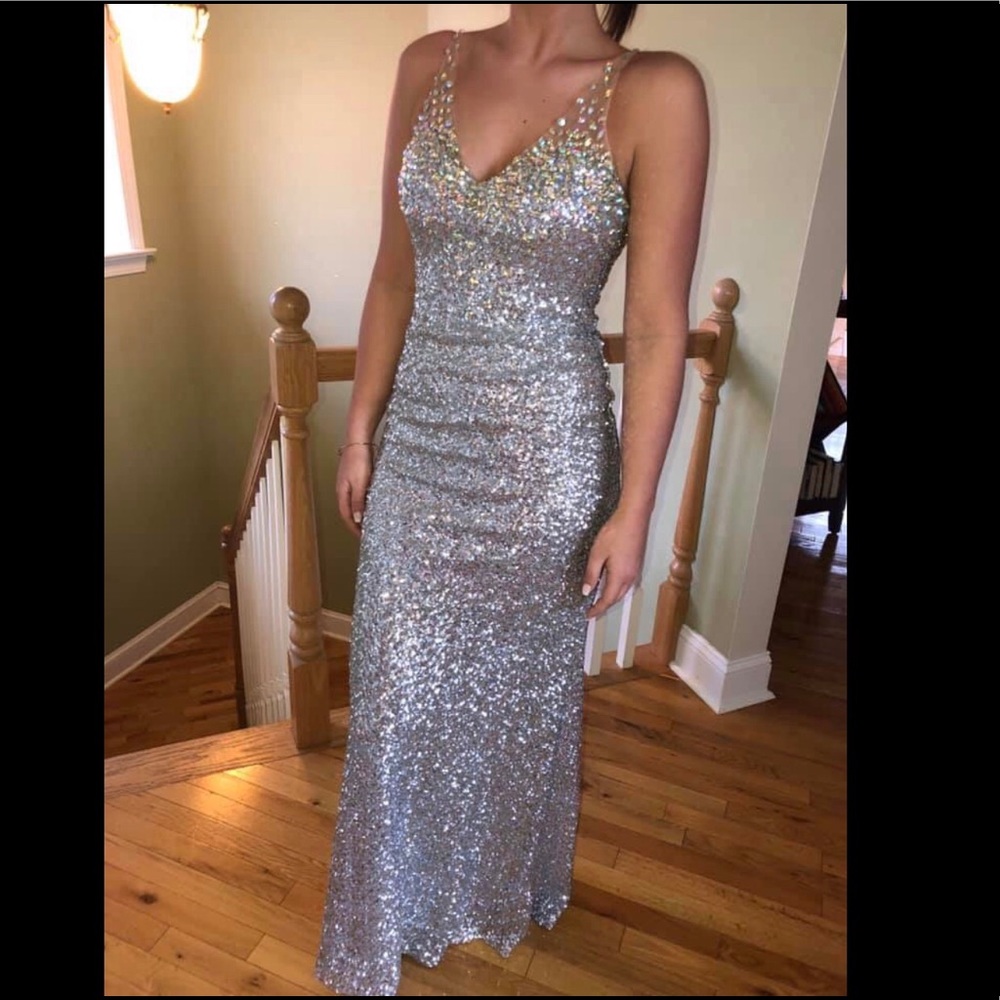 La Femme Silver Sequin Prom Dress
